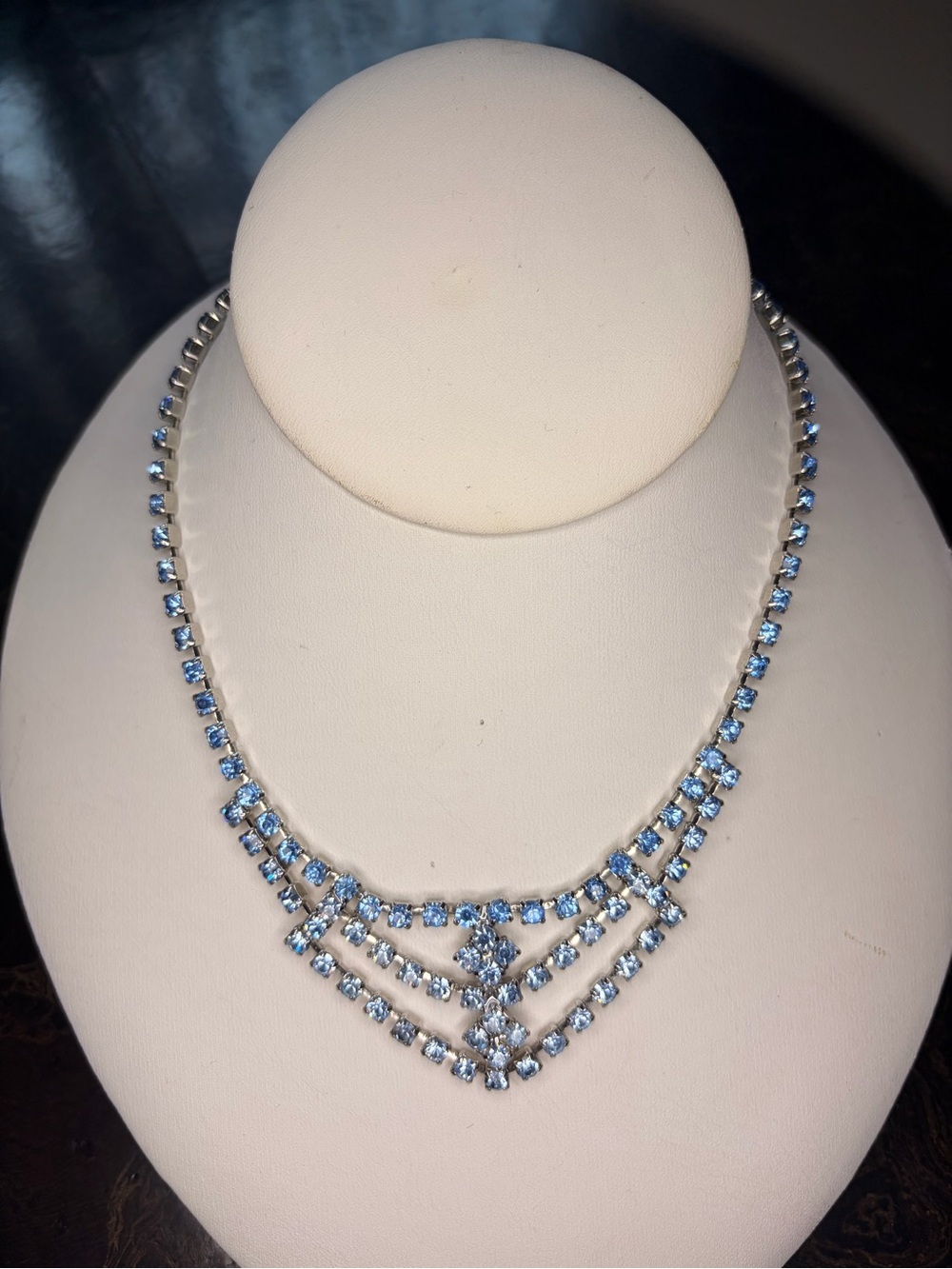 Vintage Silver-Tone Blue Crystal Three-Row Statement Necklace